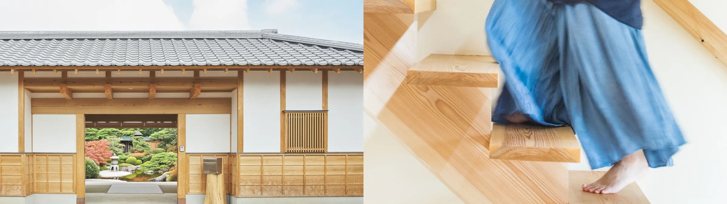 美しい庭園が見える木造建築の門と伝統的な屋根と階段を上がる着物姿の人物の足元